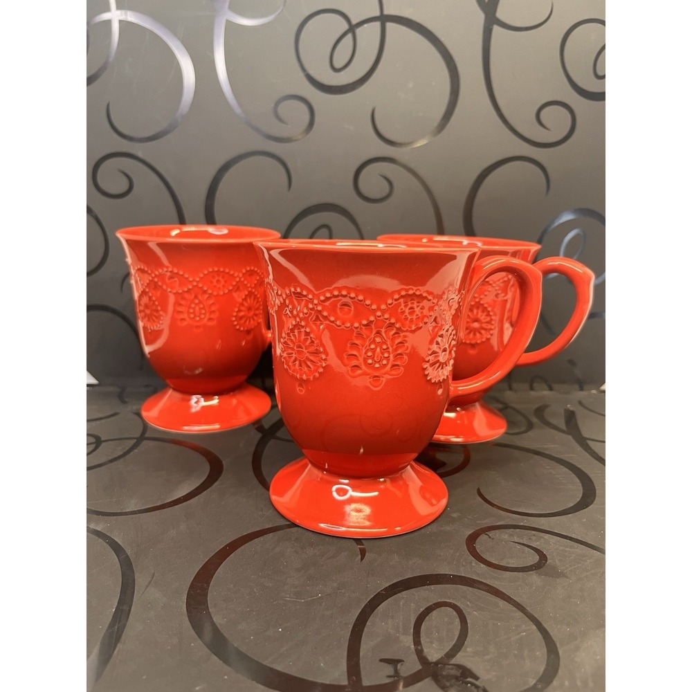 PIONEER WOMAN Cowgirl Lace Embossed Footed Pedestal Mug Cup Footed Set of 3